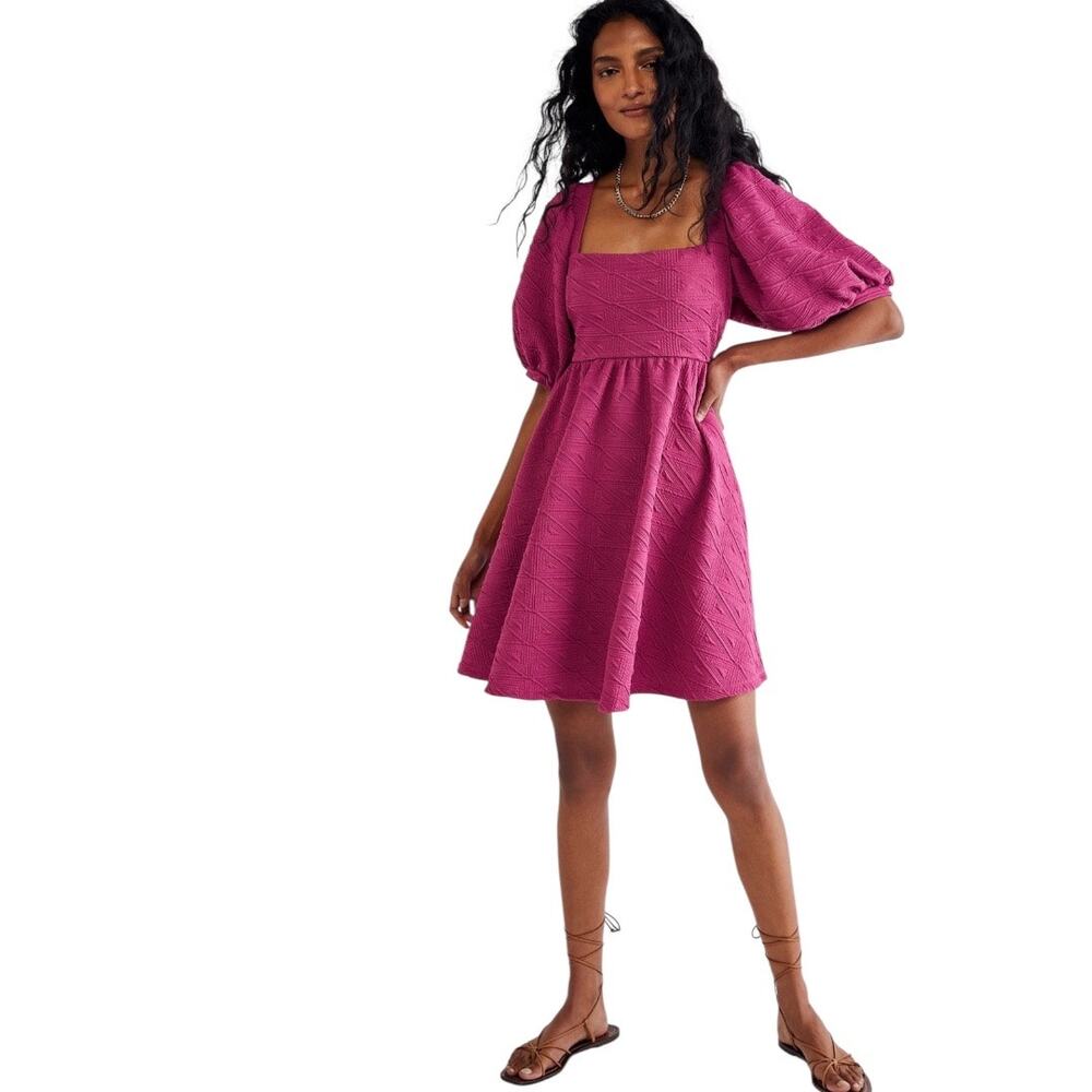 Free People Violet Mini Dress Puff Sleeves Textured Fabric Babydoll Pleated XS